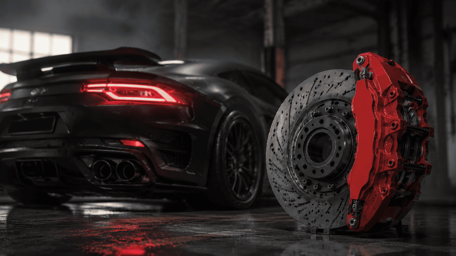 High-performance street vehicle with red brake caliper close-up