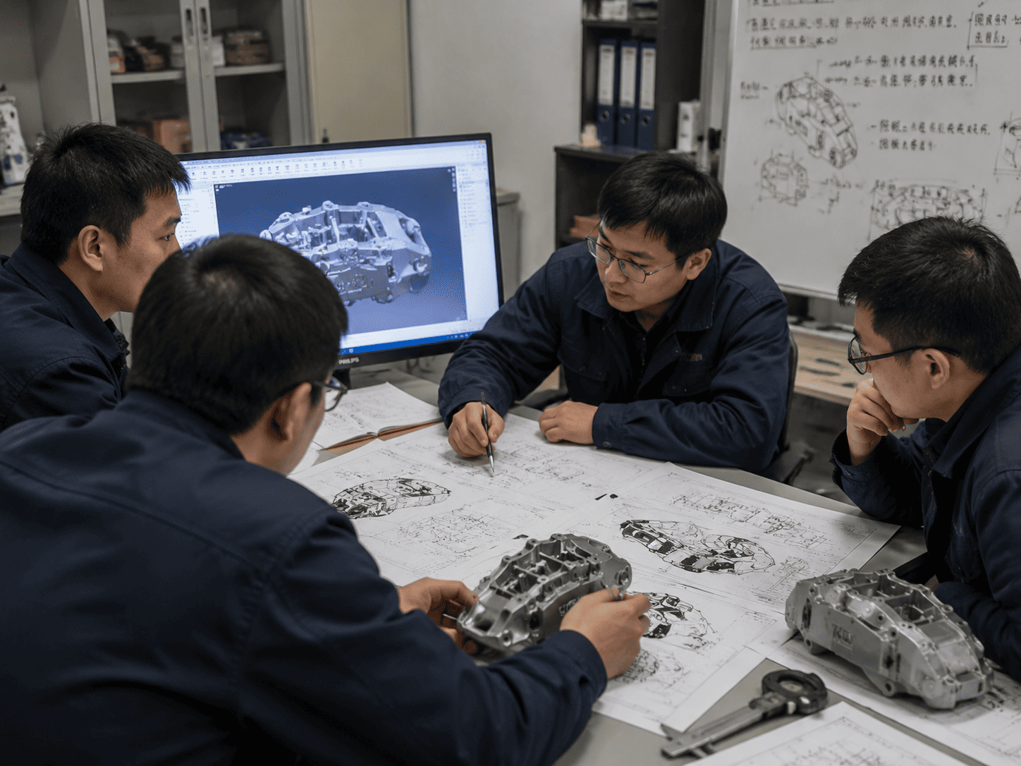 Brake caliper production workshop with machining equipment and manufacturing team